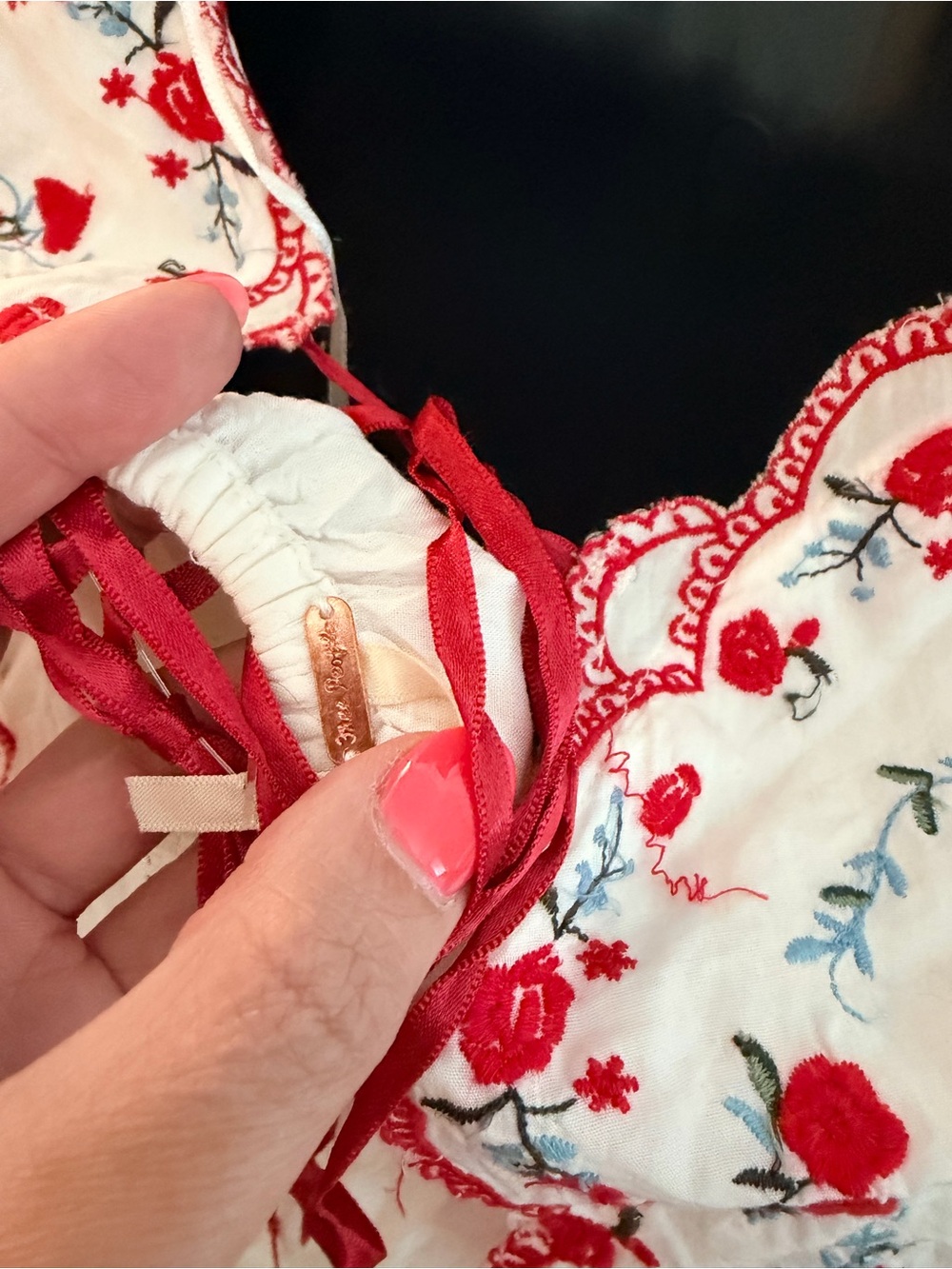 NWT retails 249, Free People White Midi Dress with Red Embroidered Bodice - Picture 11 of 14